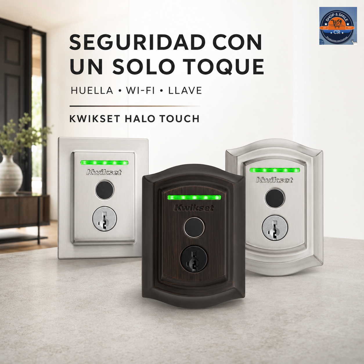 Tres modelos de Kwikset HALO Touch con acceso mediante huella digital WiFi y llave física
