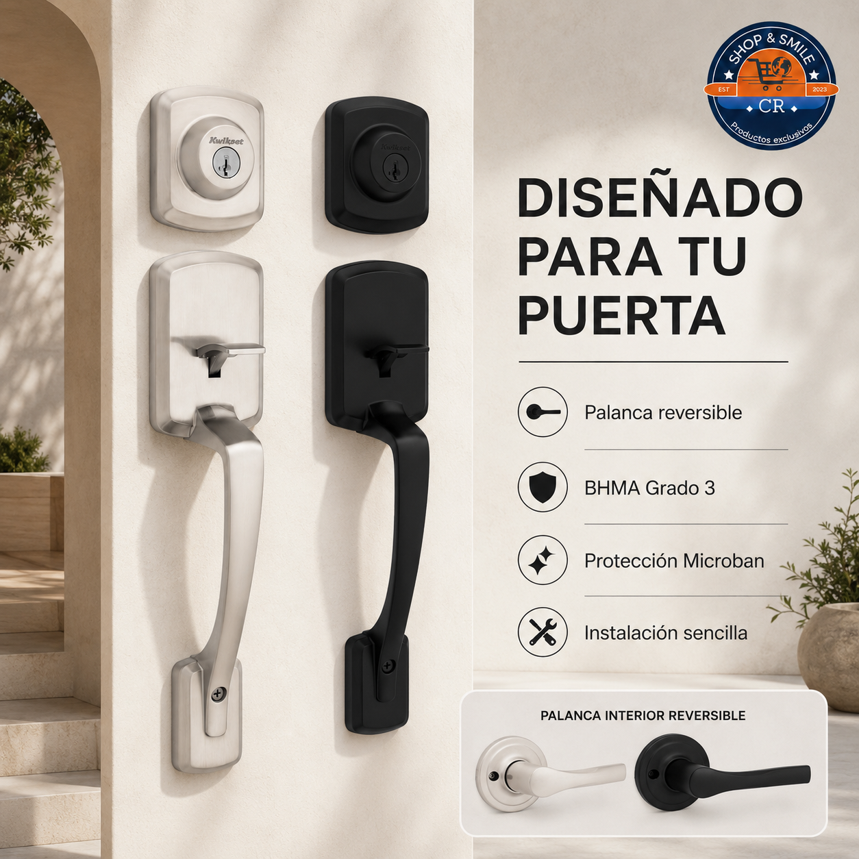 Kwikset Henley instalado en puertas exteriores, disponible en negro mate y níquel satinado