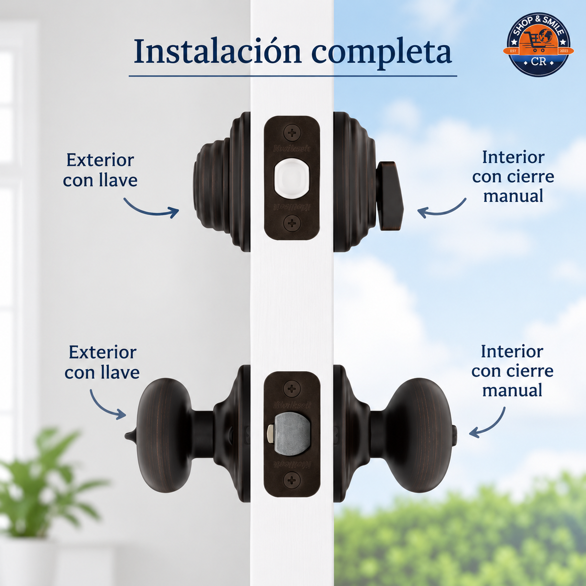 Combo Kwikset Juno con pomo exterior y cerrojo en Venetian Bronze y Antique Brass