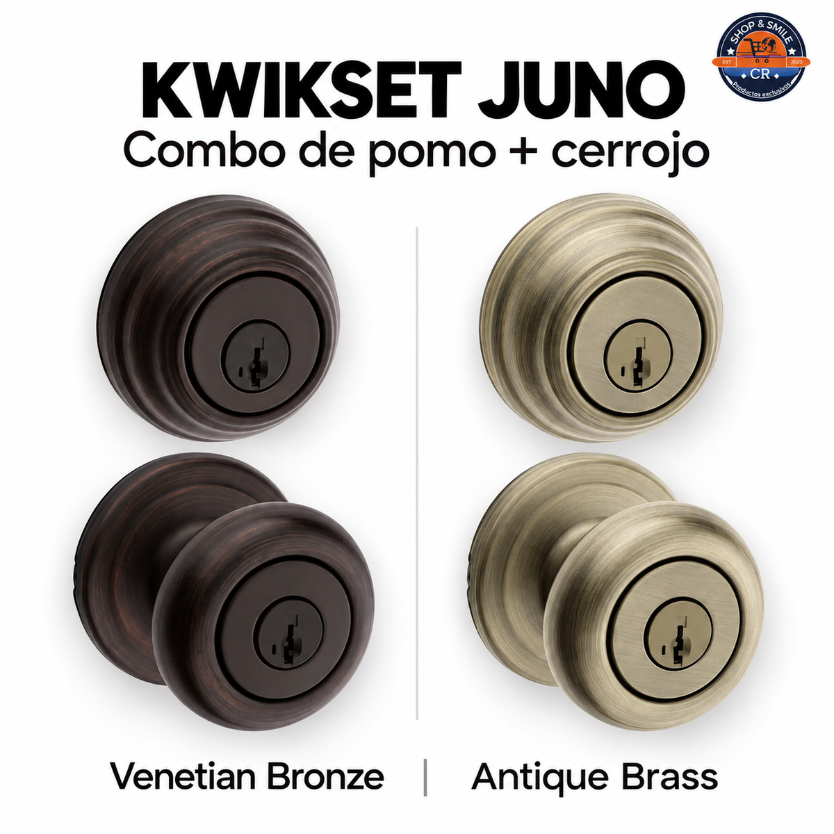 Vista exterior con llave e interior con cierre manual del combo Kwikset Juno