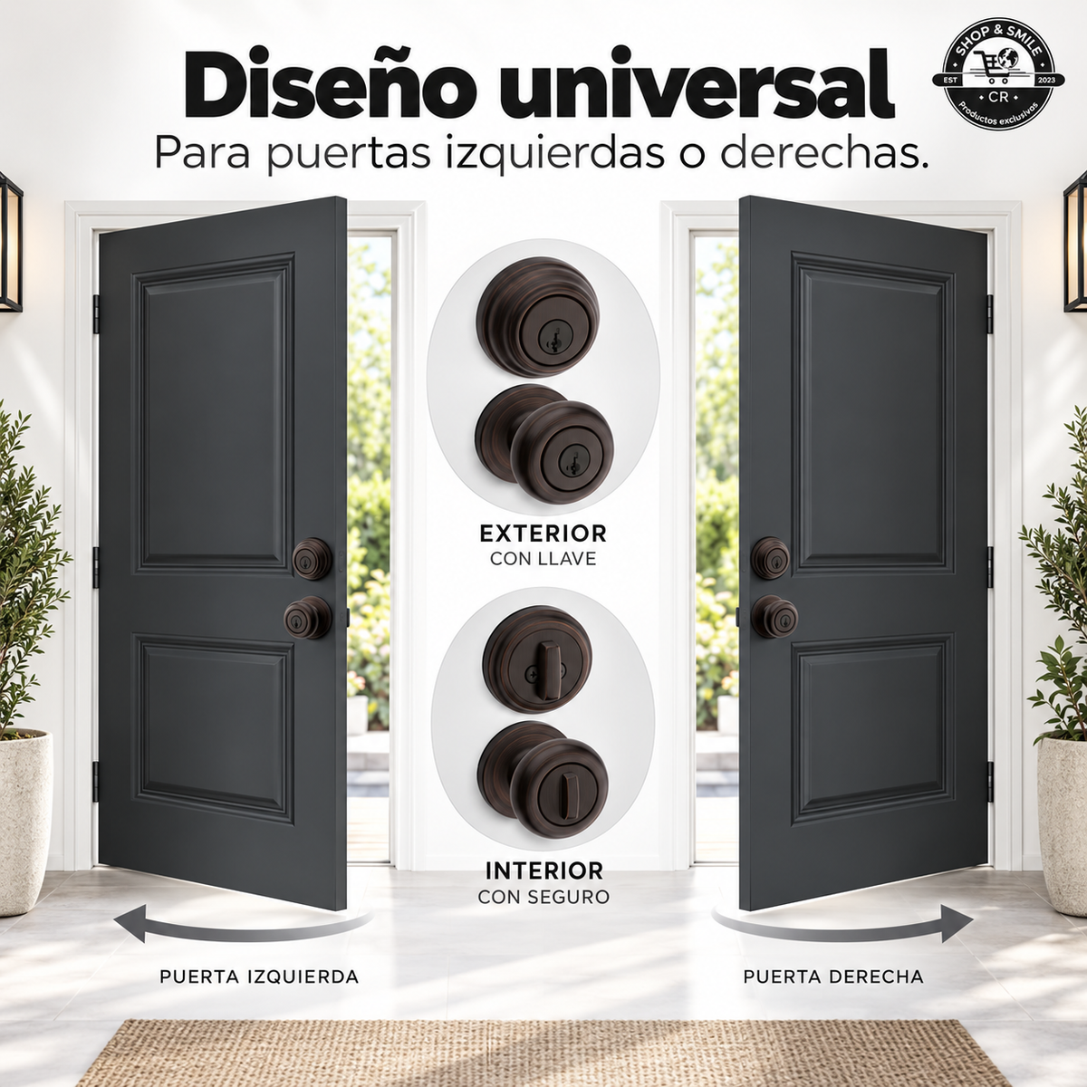 Vista lateral de la instalación del cerrojo y pomo Kwikset Juno en una puerta