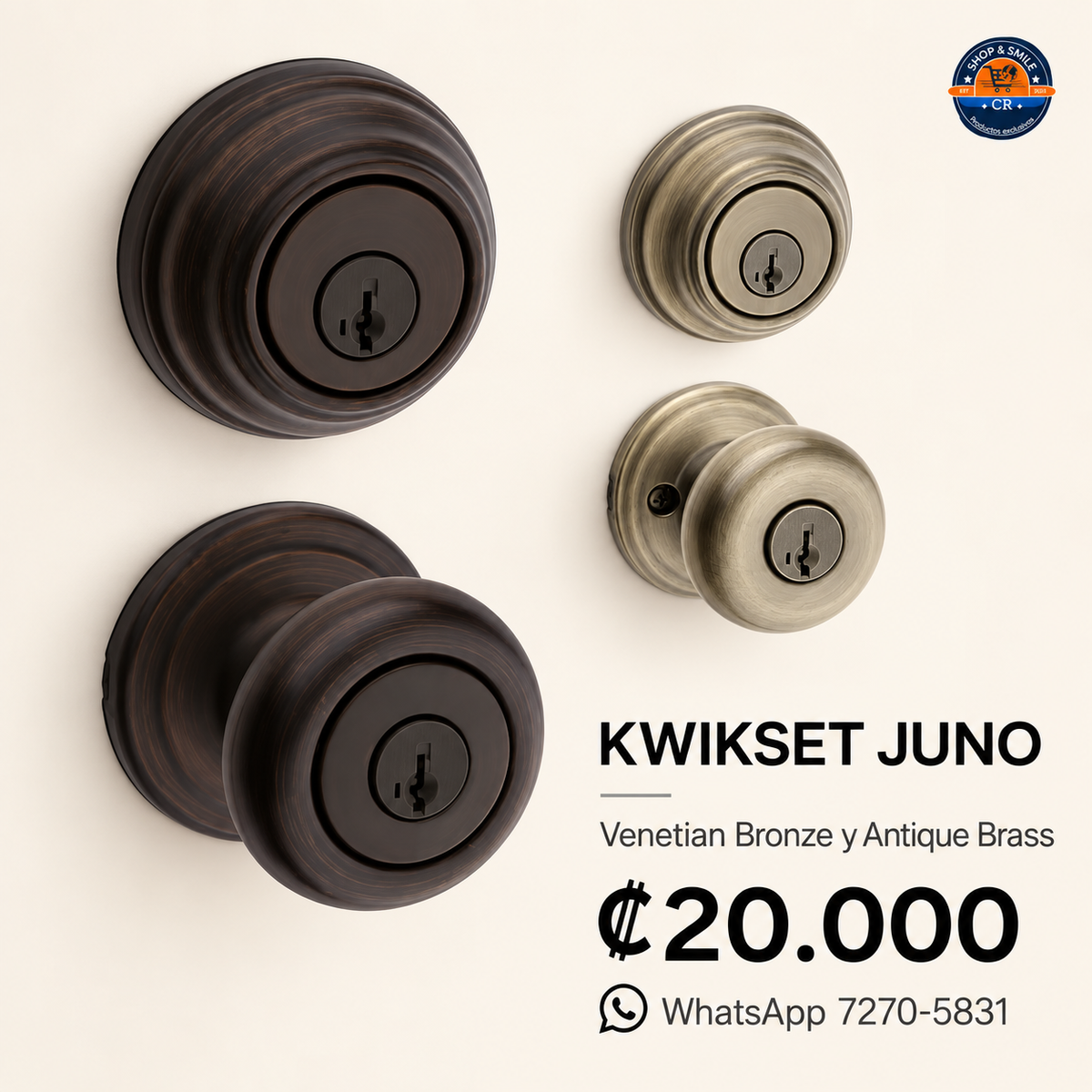 Kwikset Juno en Venetian Bronze y Antique Brass disponible en Costa Rica por 20000 colones
