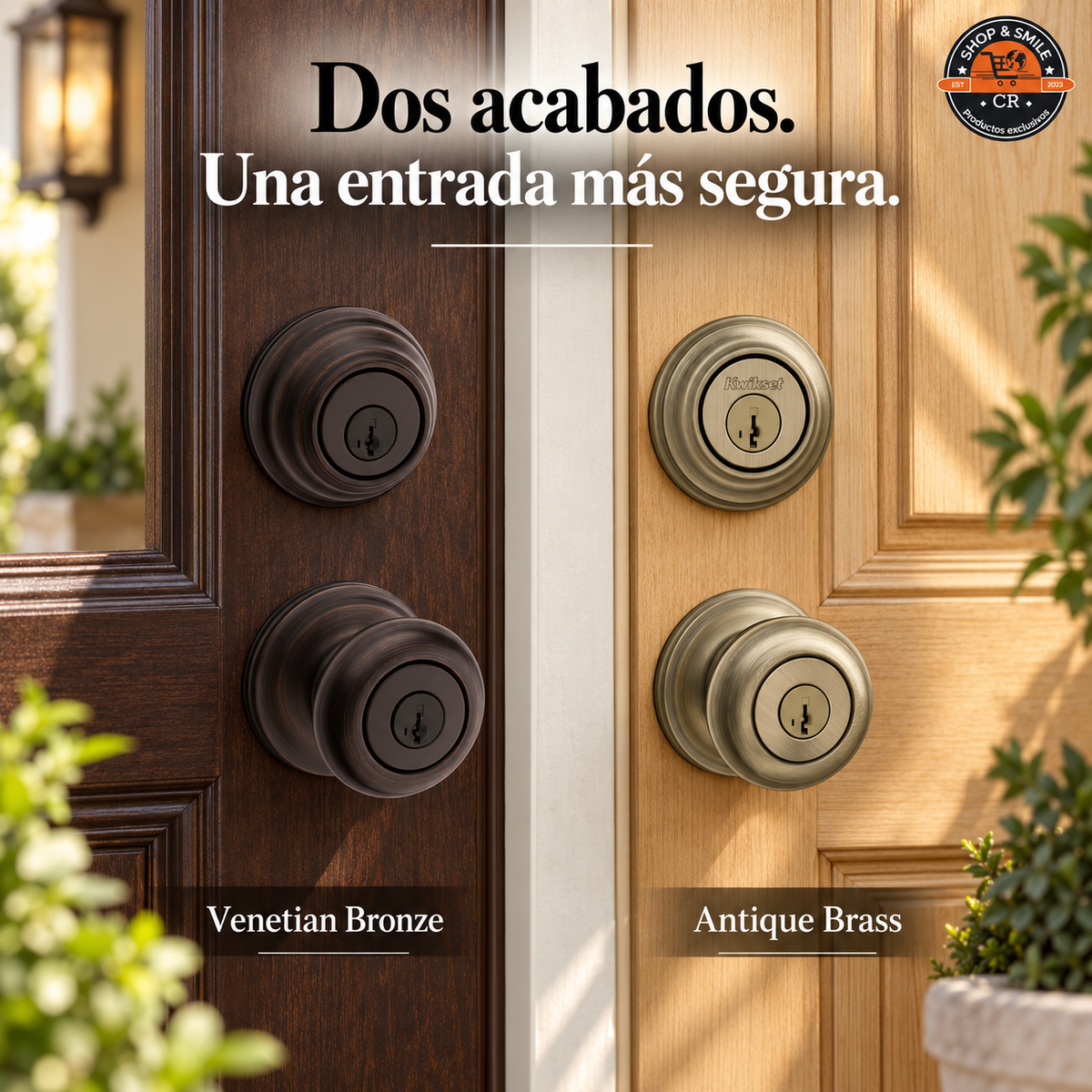 Kwikset Juno instalado en puertas con acabados Venetian Bronze y Antique Brass