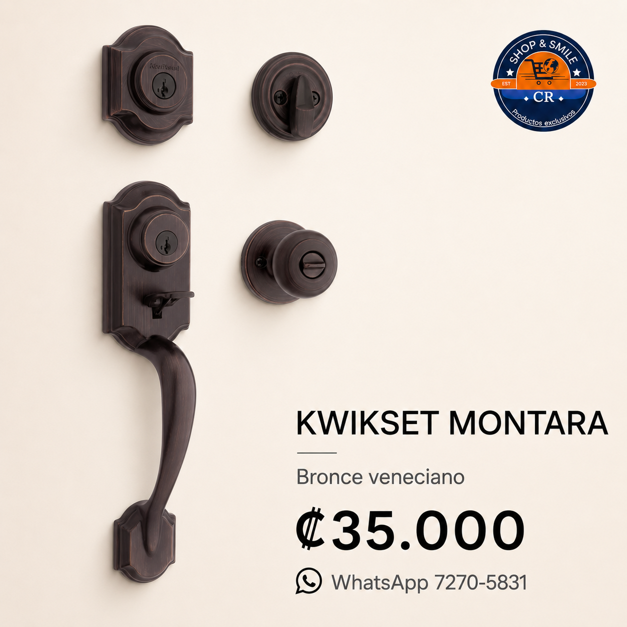 Juego de manija y cerrojo Kwikset Montara con perilla Cove en bronce veneciano, precio ₡35.000 costa rica