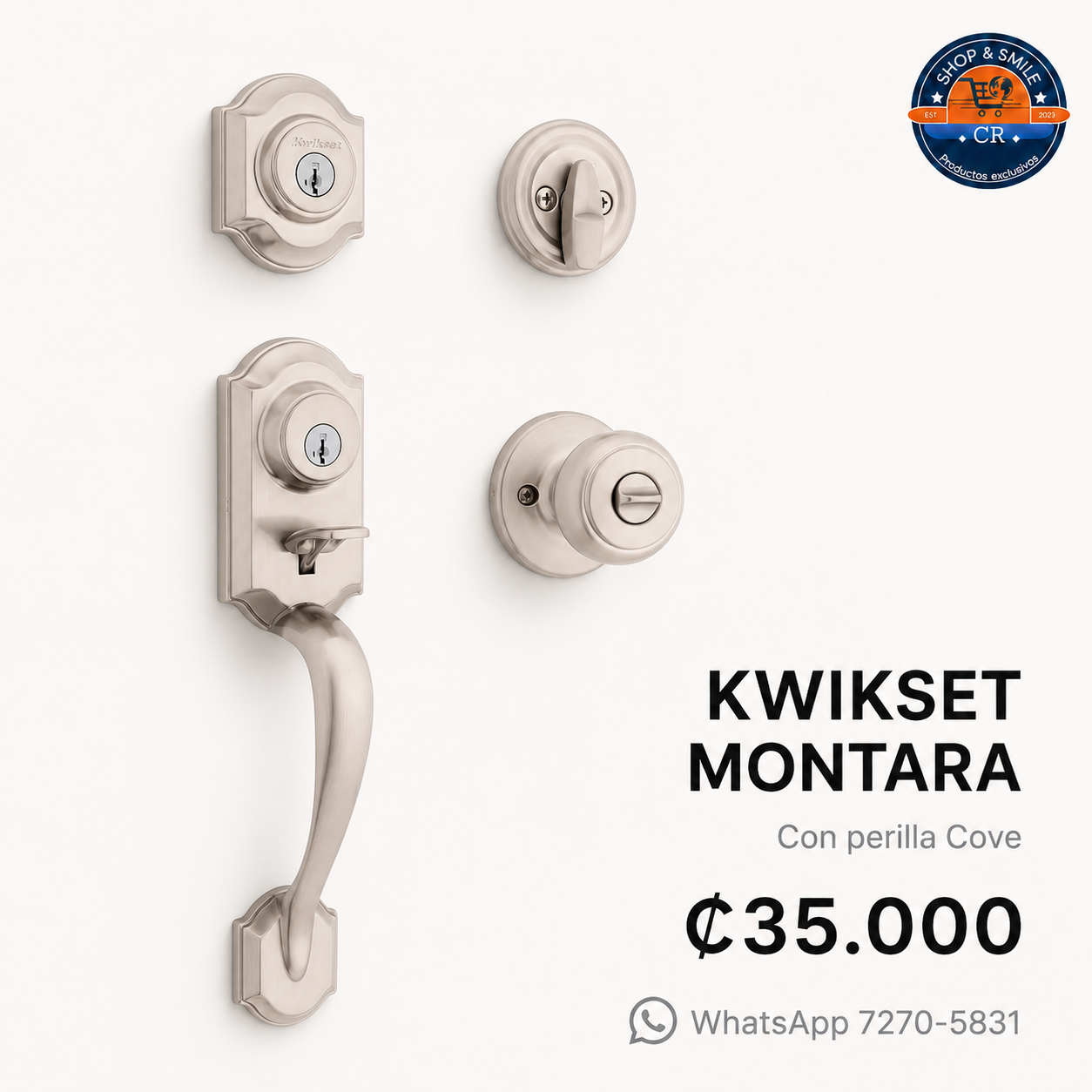Kwikset Montara con perilla Cove en níquel satinado, precio ₡35.000 y WhatsApp de Shop and Smile, Costa Rica