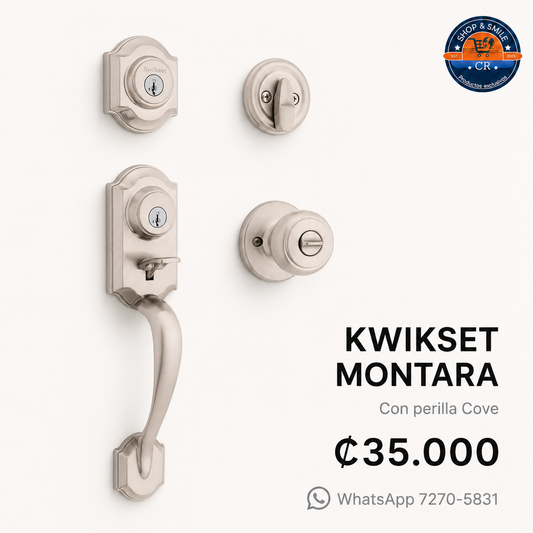Kwikset Montara con perilla Cove en níquel satinado, precio ₡35.000 y WhatsApp de Shop and Smile, Costa Rica