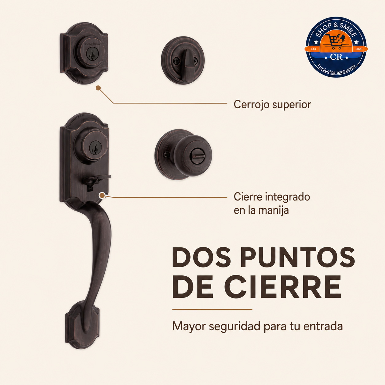 Manija Kwikset Montara con cerrojo superior y cierre integrado para mayor seguridad