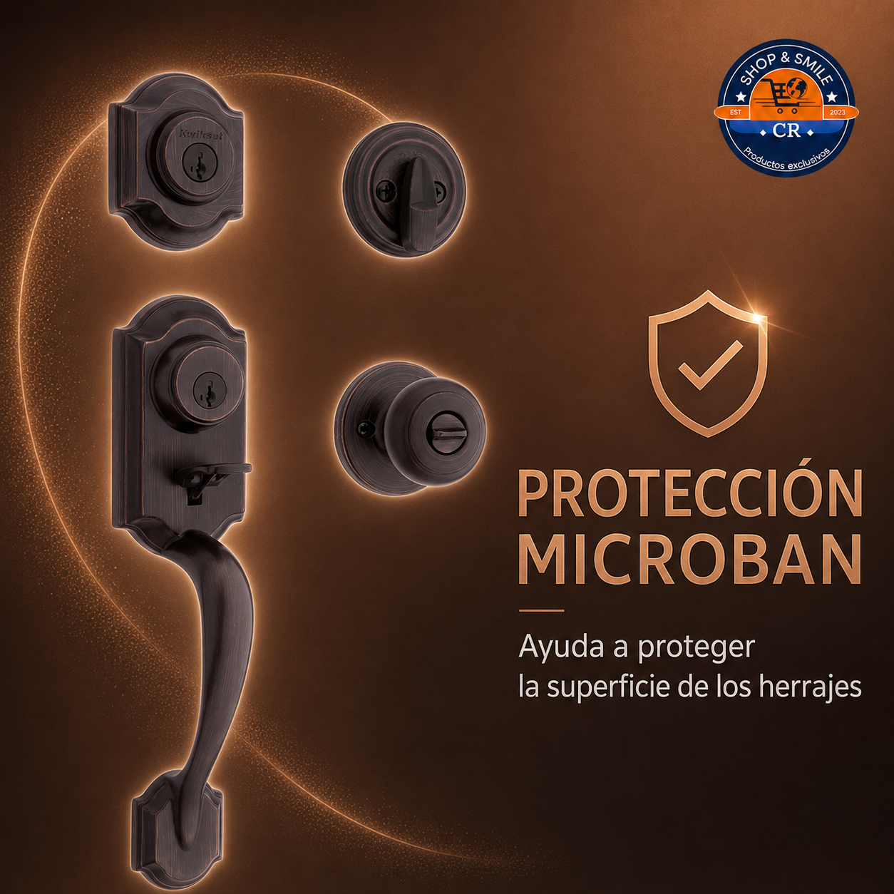 Herrajes Kwikset Montara en bronce veneciano con protección Microban en la superficie