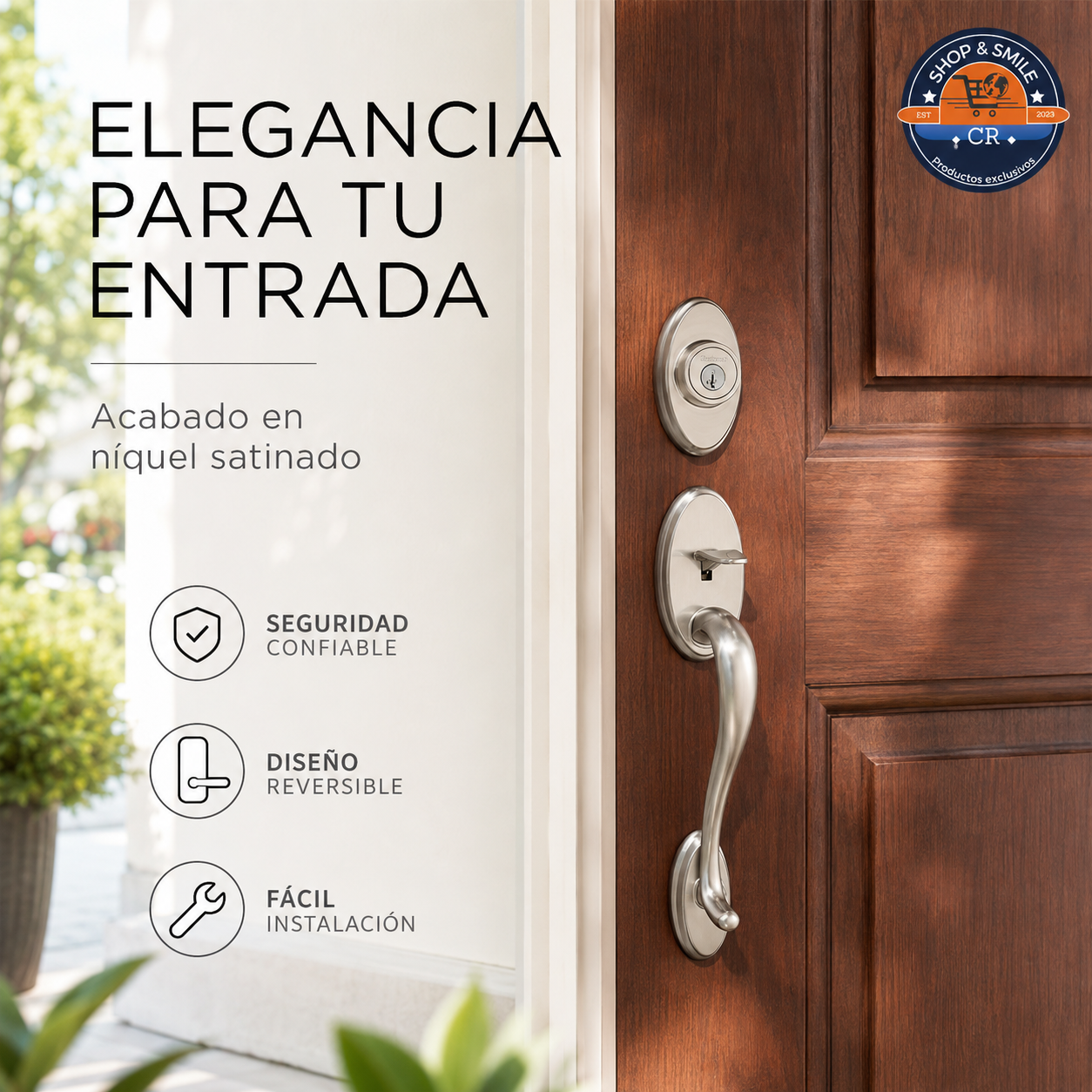 Kwikset Shelburne con clasificación BHMA Grado 1, protección Microban y pestillo ajustable.