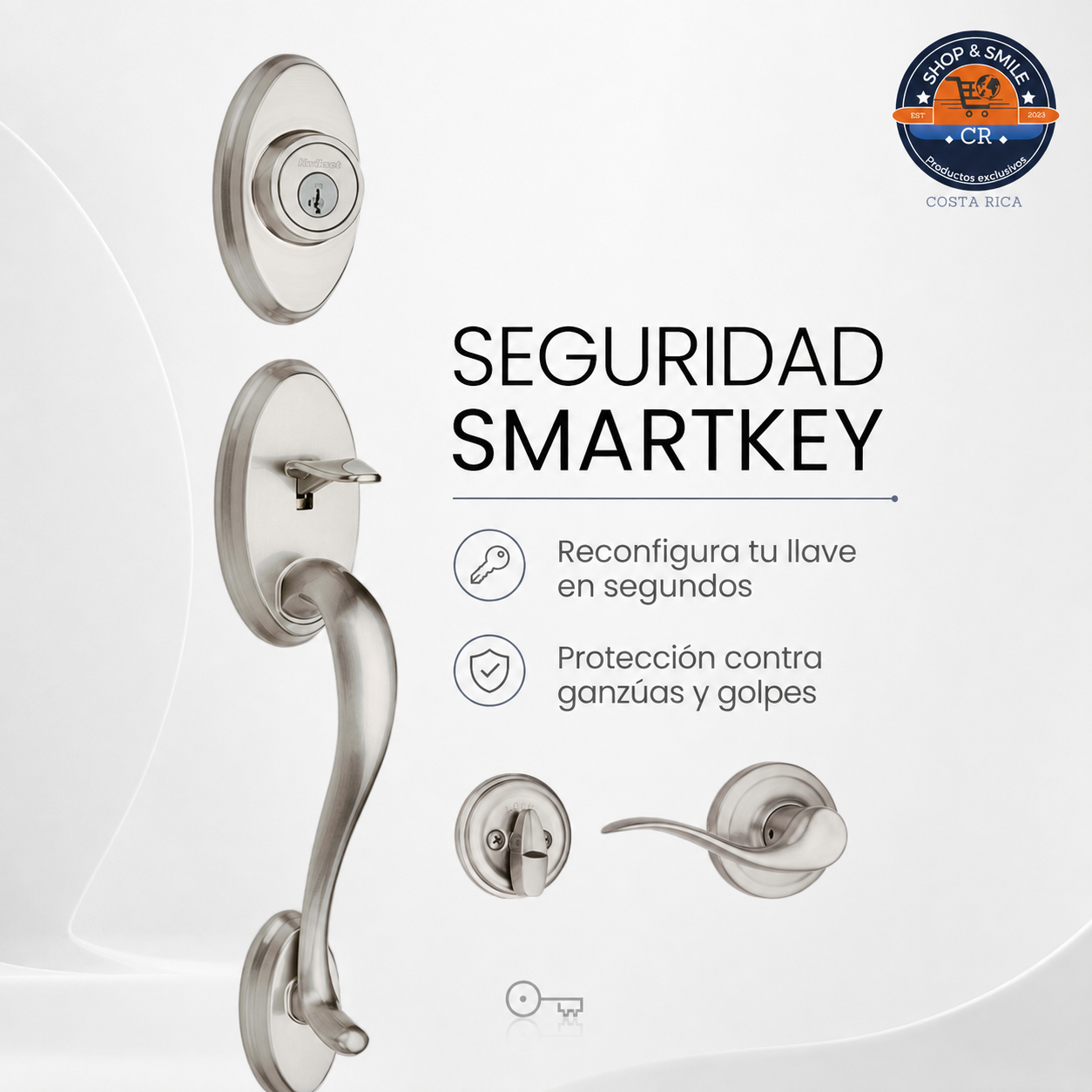 Juego de manija Kwikset Shelburne con palanca Tustin, cerrojo SmartKey y acabado níquel satinado, precio ₡35.000. Costa Rica