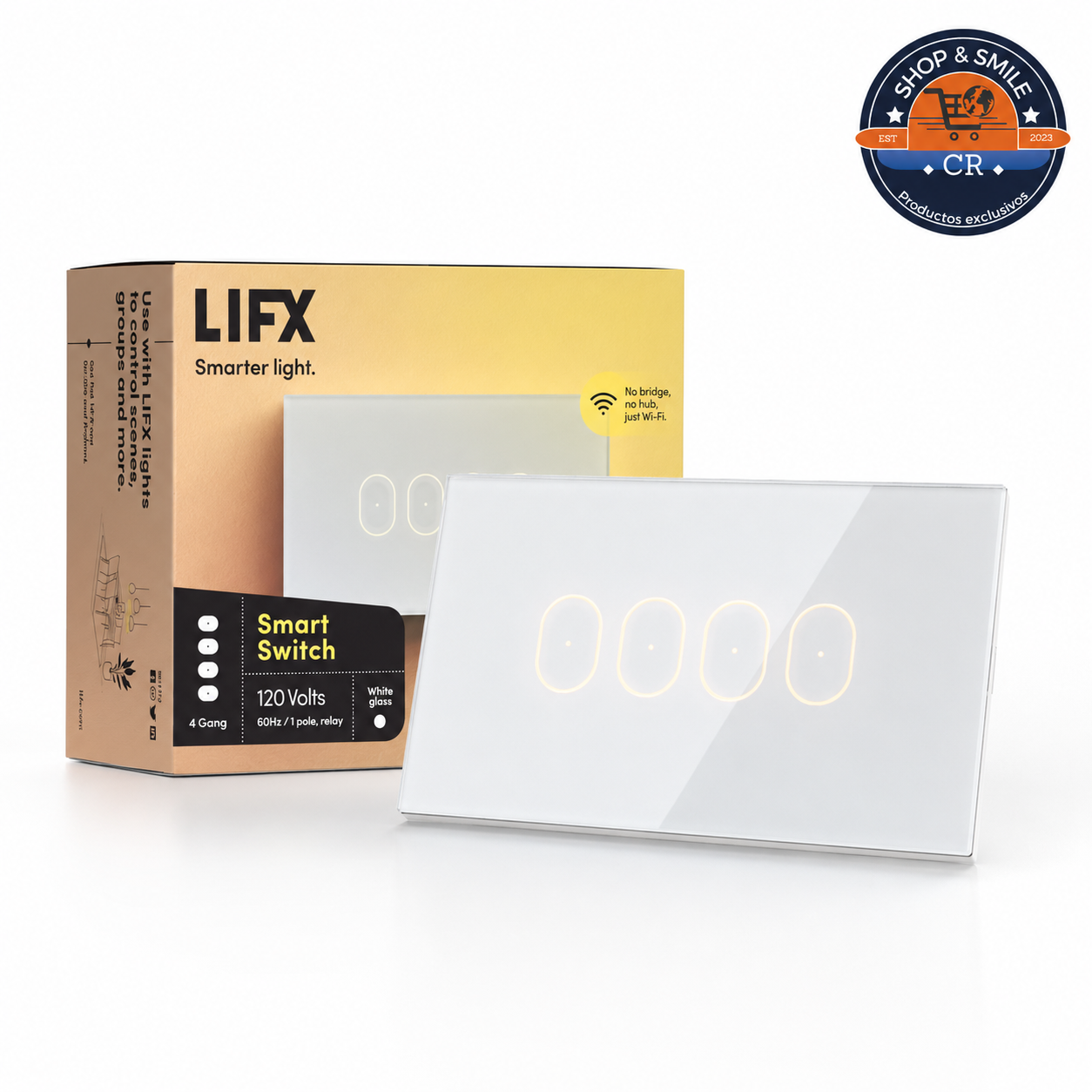 Interruptor inteligente LIFX blanco de cuatro botones con empaque y logo de Shop and Smile CR