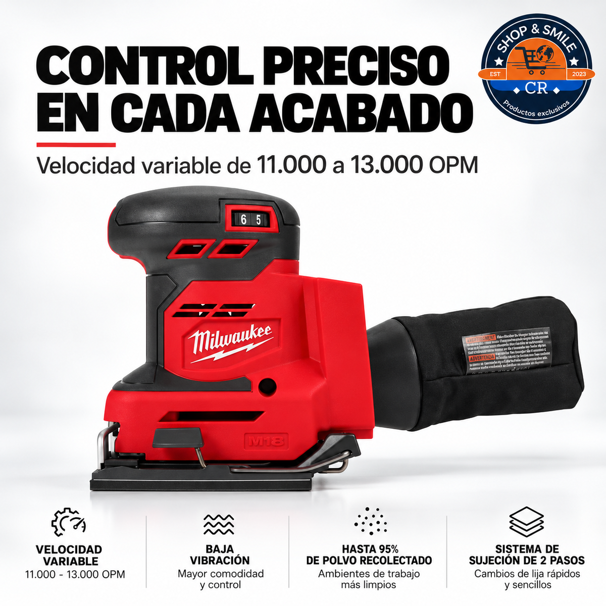 Lijadora orbital Milwaukee con velocidad variable de 11000 a 13000 OPM