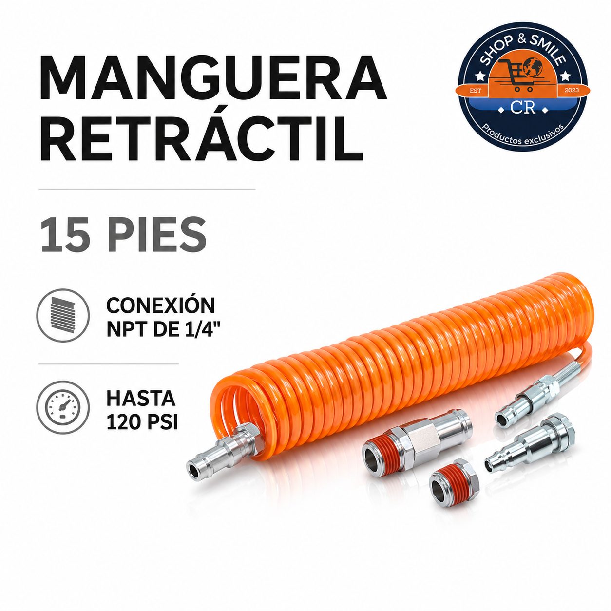 Manguera retráctil naranja de 15 pies con conexiones NPT de un cuarto de pulgada