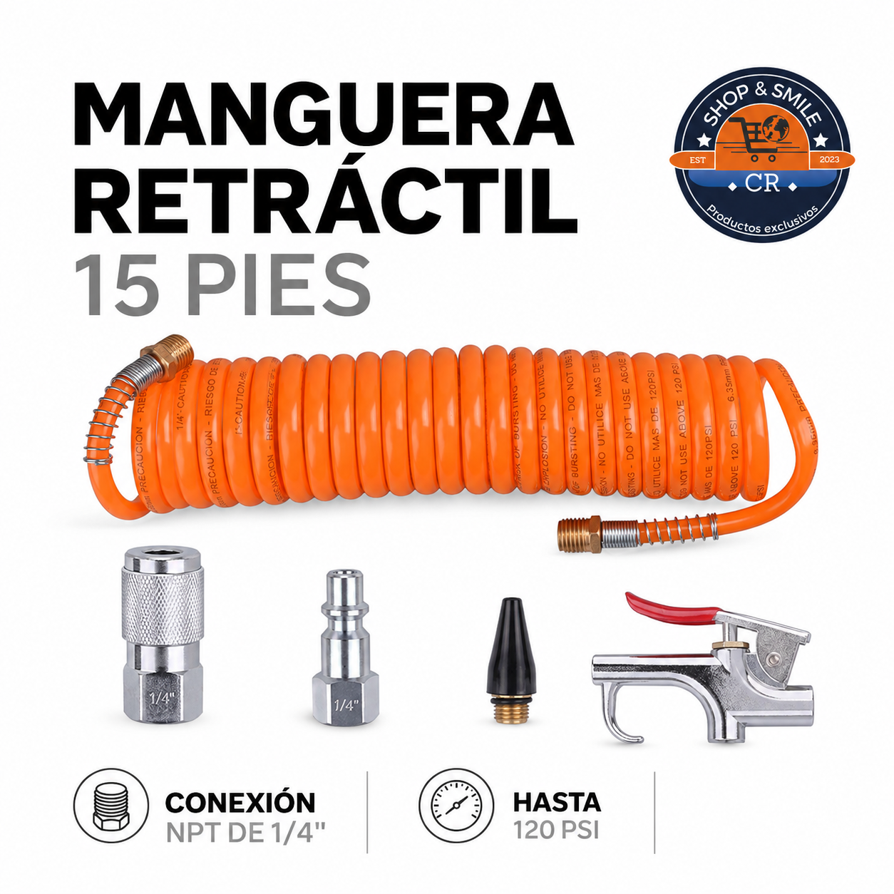 Manguera retráctil de 15 pies con conexiones NPT de un cuarto de pulgada y capacidad de 120 PSI