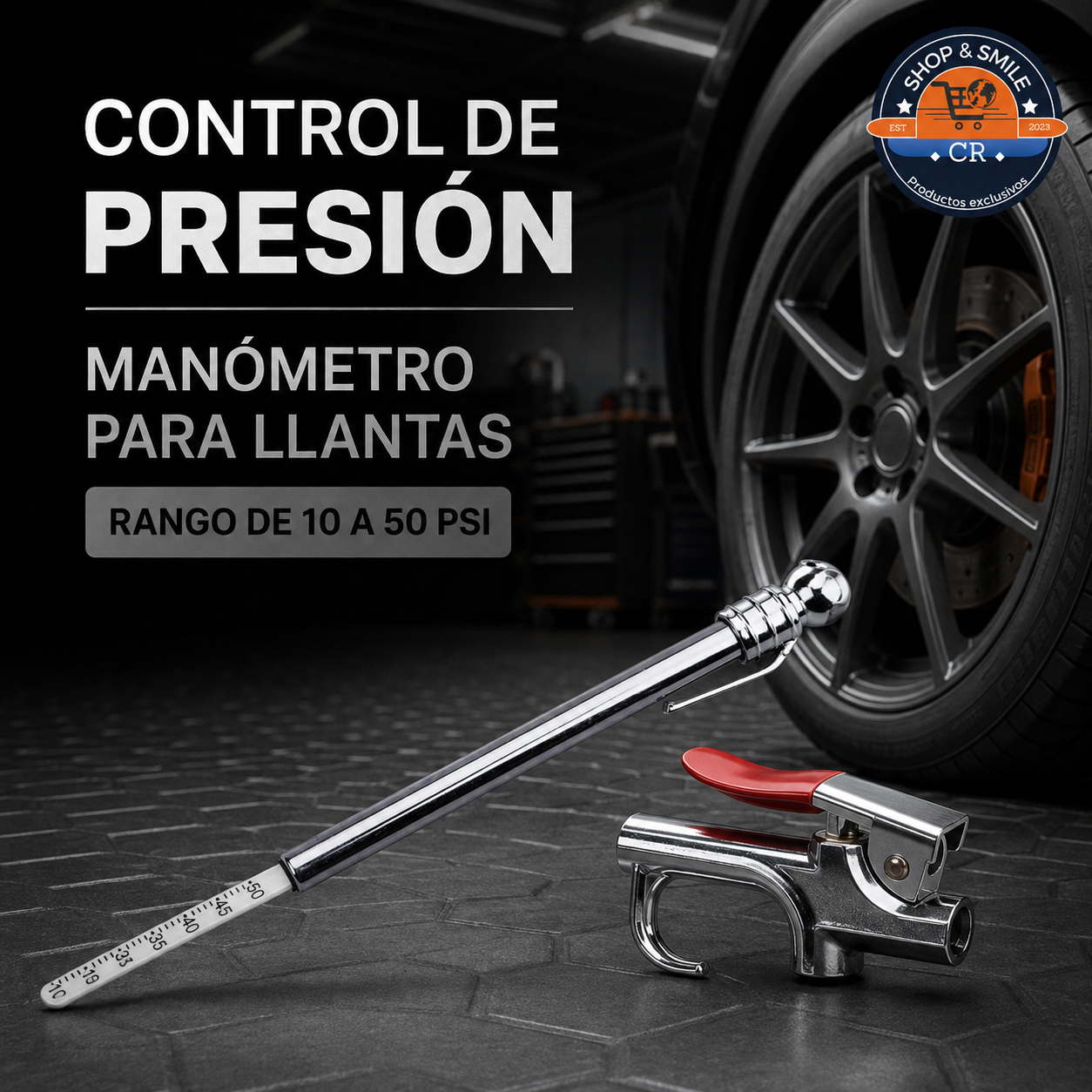 Manómetro tipo lápiz para revisar presión de llantas con rango de 10 a 50 PSI
