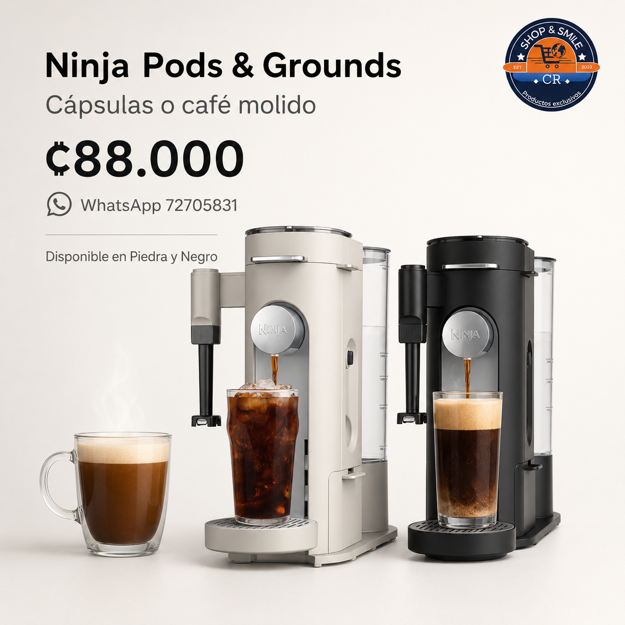 Cafetera Ninja Pods and Grounds en colores piedra y negro con precio de 88000 colones