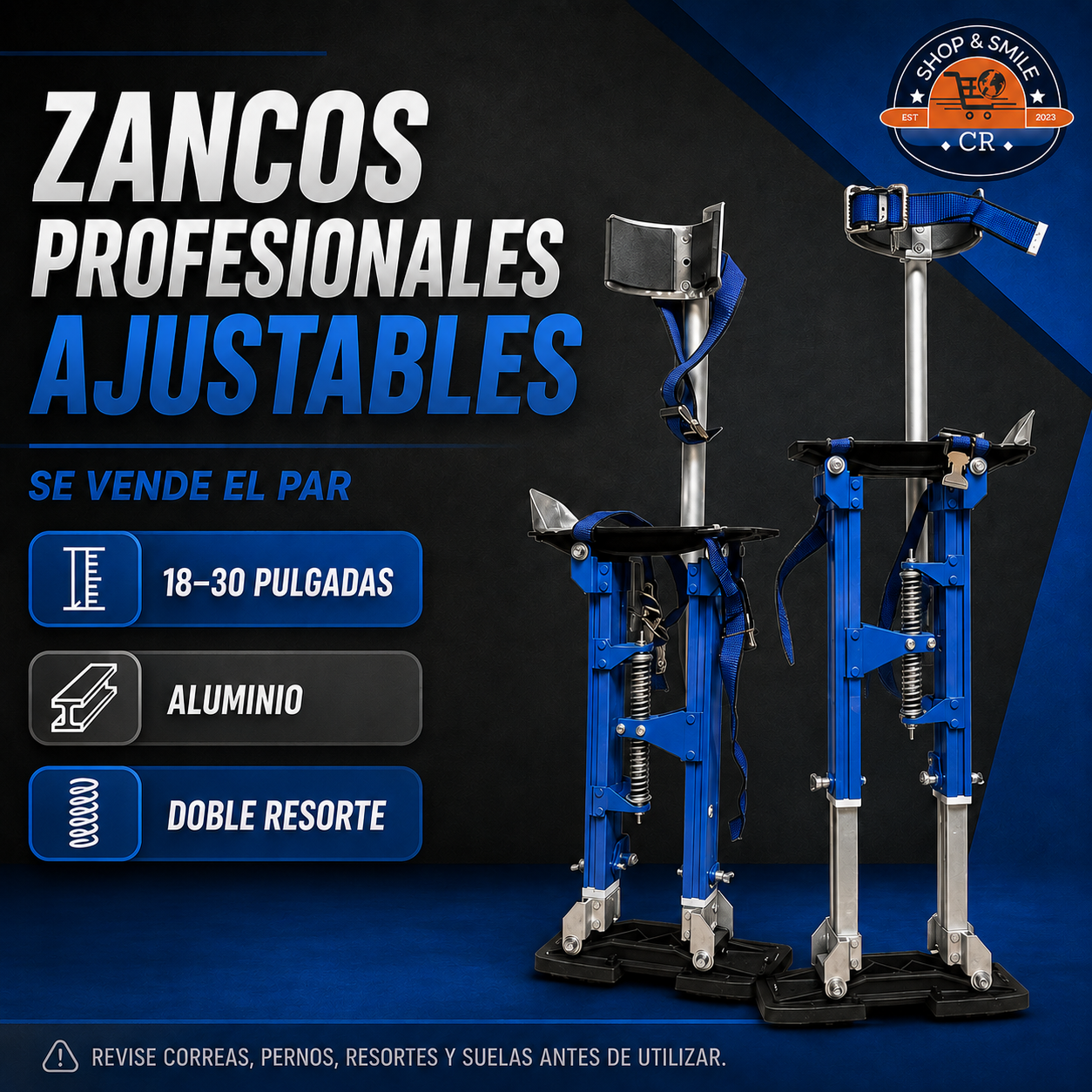 Par de zancos profesionales de aluminio con altura ajustable y doble resorte