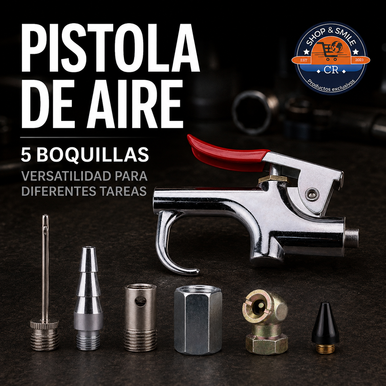 Pistola de aire metálica con cinco boquillas y adaptadores para diferentes tareas