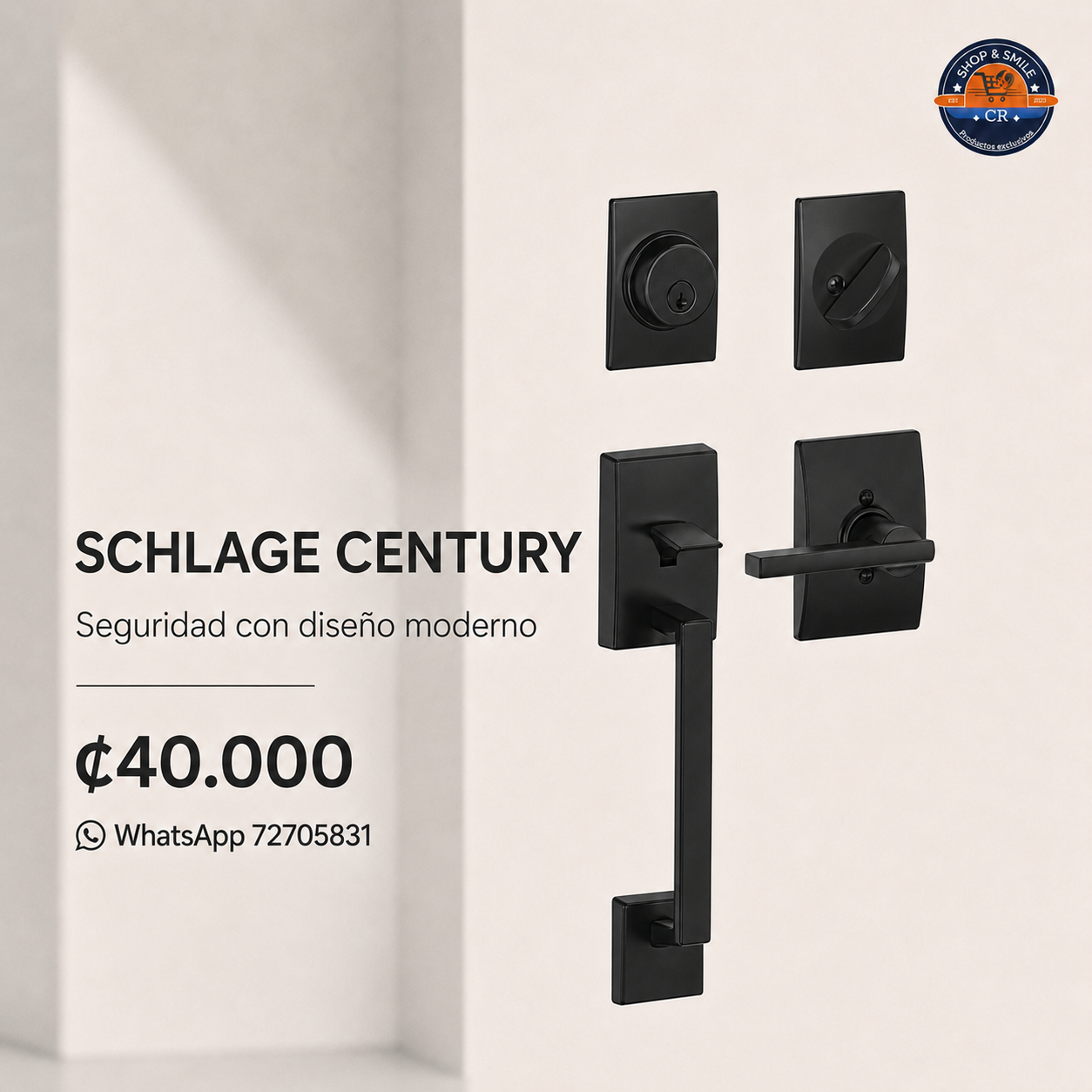 Juego de manija y cerrojo Schlage Century con palanca Latitude en negro mate, precio ₡40.000 Costa Rica