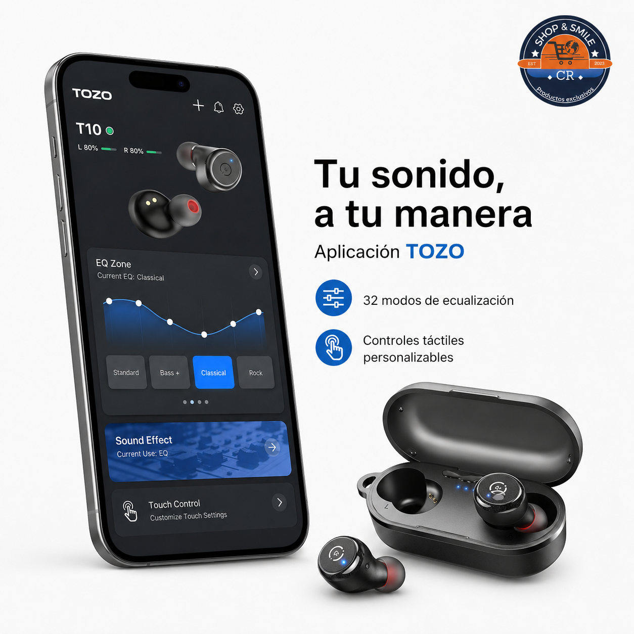 Audífonos TOZO T10 compatibles con aplicación móvil, 32 modos de ecualización y controles táctiles