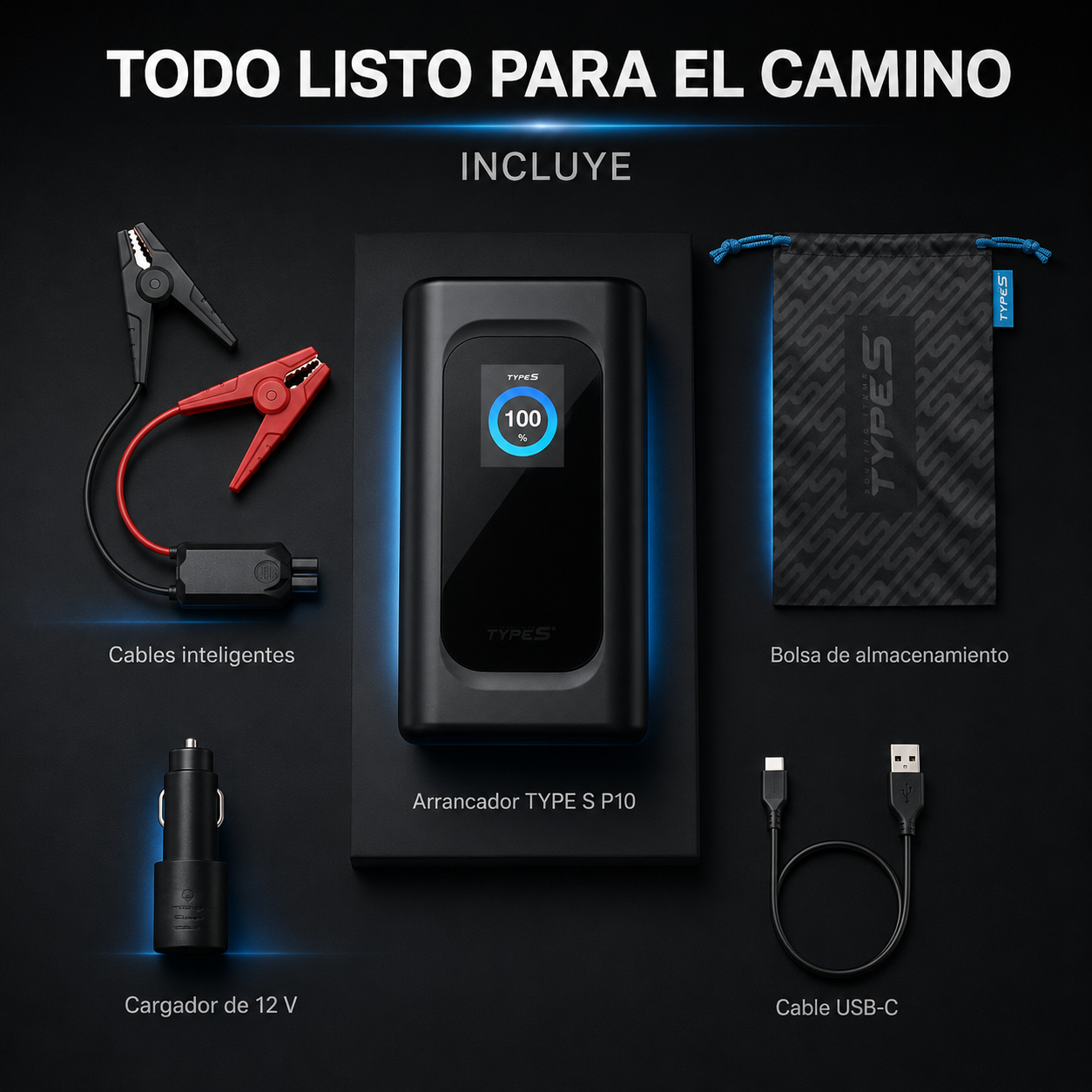 Arrancador TYPE S P10 con cables inteligentes, cargador de 12 V, cable USB-C y bolsa de almacenamiento