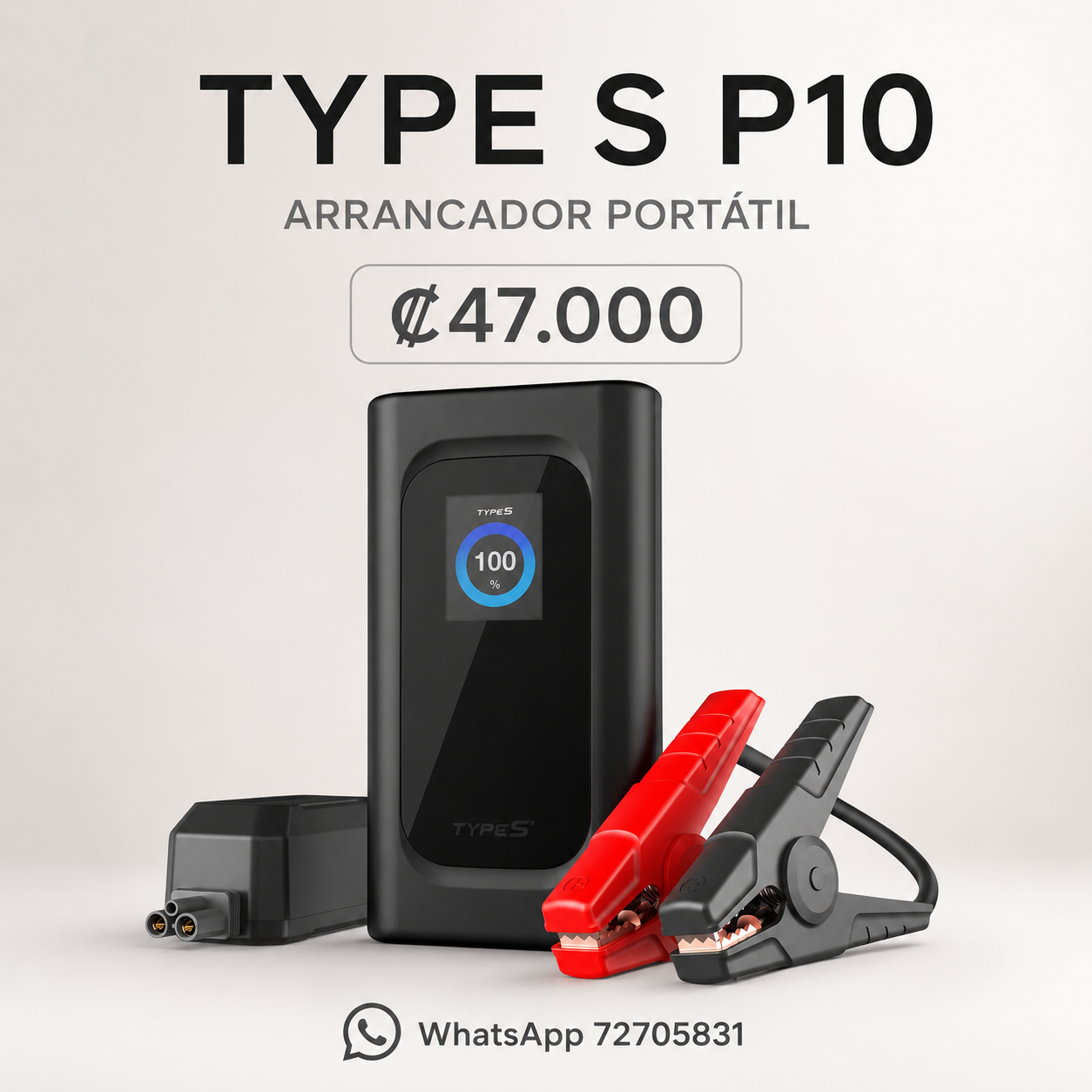 Arrancador portátil TYPE S P10 de 500 A con pantalla PowerGuide, cables inteligentes y precio de ₡47.000 CR