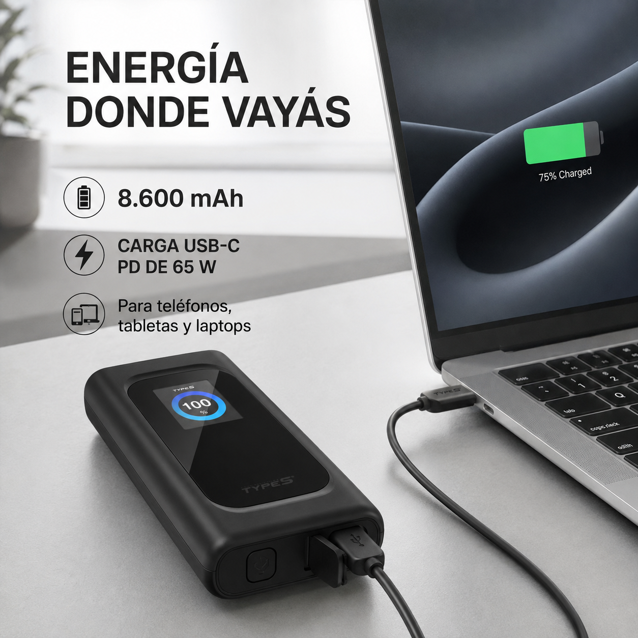 TYPE S P10 con batería externa de 8.600 mAh y carga rápida USB-C Power Delivery de hasta 65 W