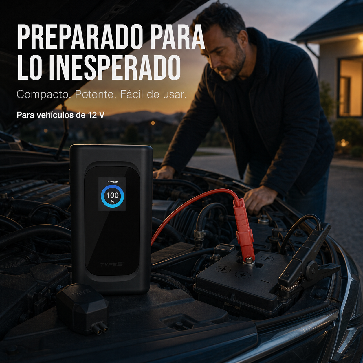 Arrancador portátil TYPE S P10 conectado a la batería de un vehículo de 12 V durante una emergencia
