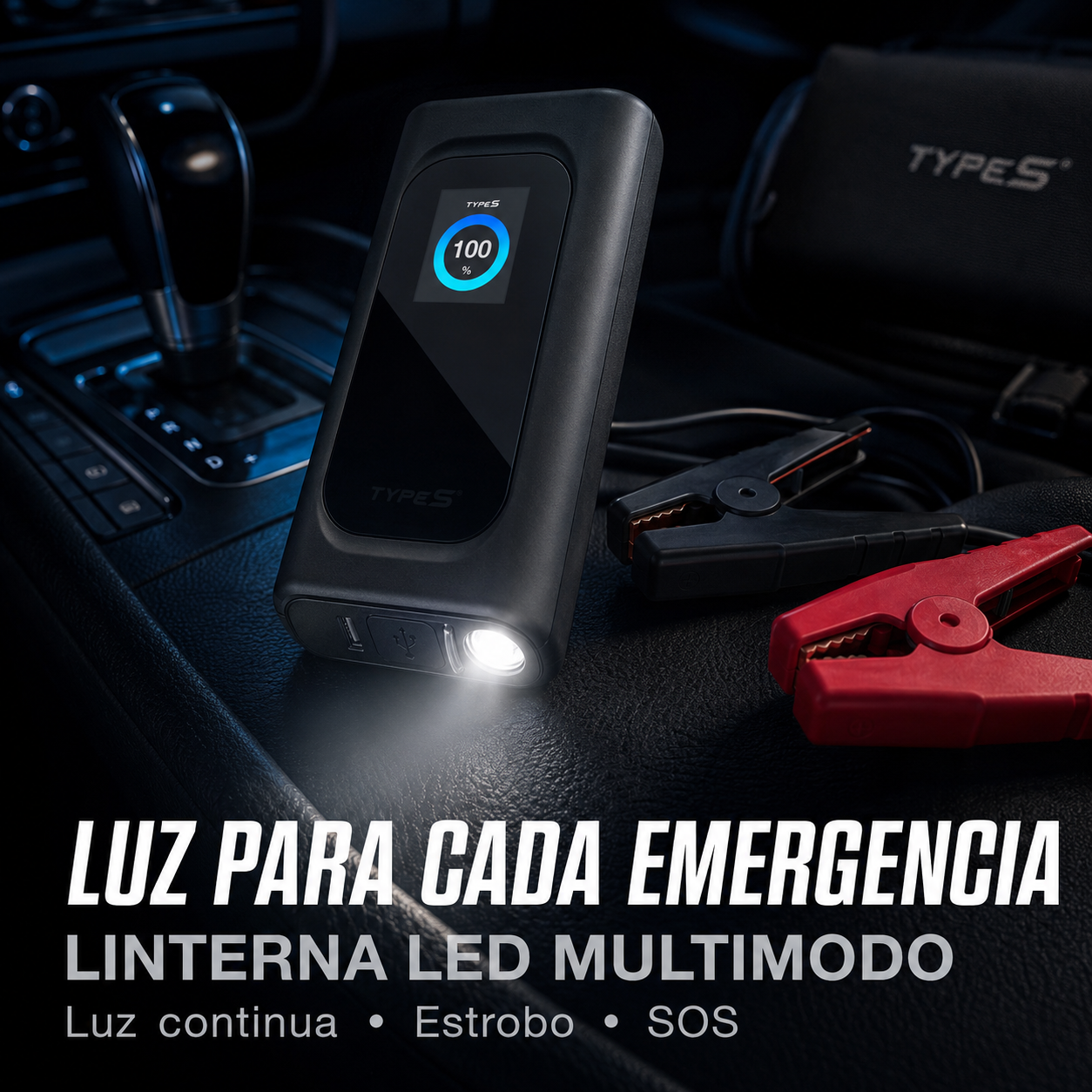 Arrancador TYPE S P10 con linterna LED y modos de luz continua, estrobo y señal SOS