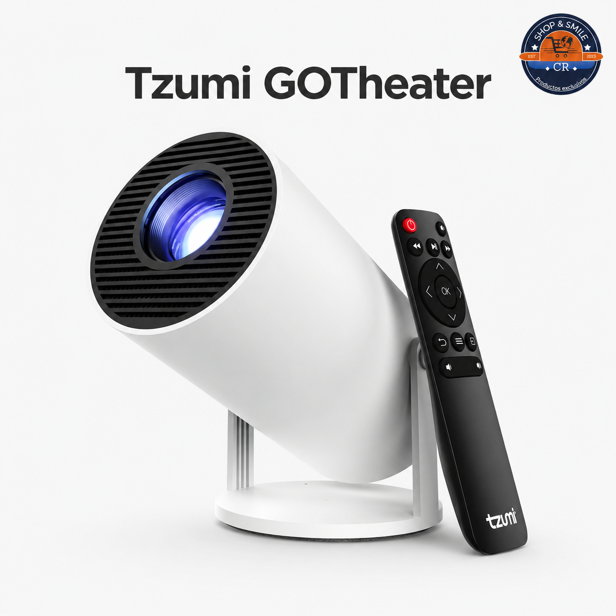 Proyector portátil Tzumi GOTheater blanco con control remoto y logo de Shop and Smile CR